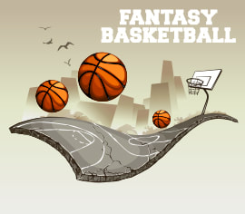 Crtež na kome se vidi košarkaški teren, tri košarkaške lopte i koš. U pozadini crteža su zgrade i ptice. U gornjem desnom uglu piše 